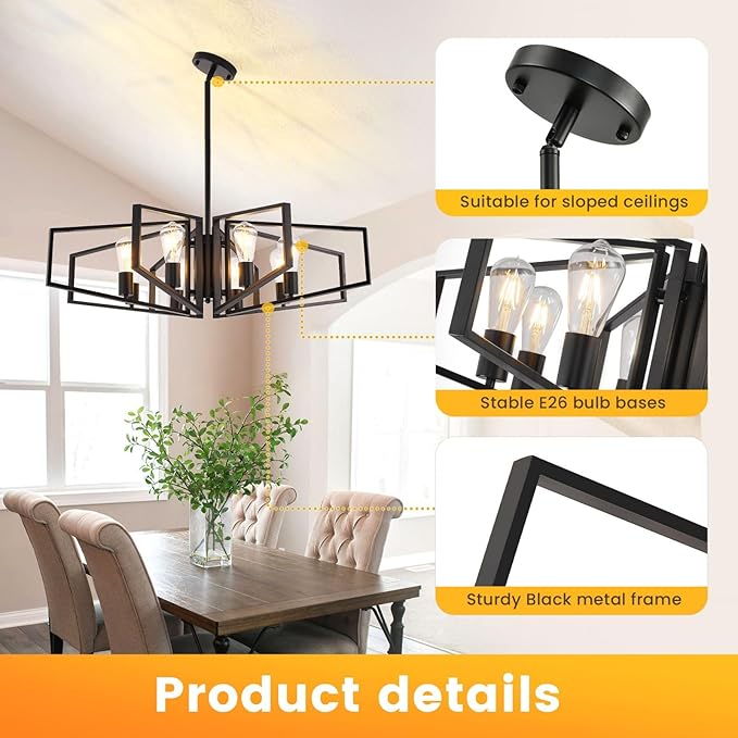 WJShome 8-Light Black Chandelier, Farmhouse Dining Room Light Fixture, Modern Industrial Ceiling Foyer Lighting Fixtures, Geometric Pendant Lights Kitchen Island, for Bedroom,Stairway, Entryway