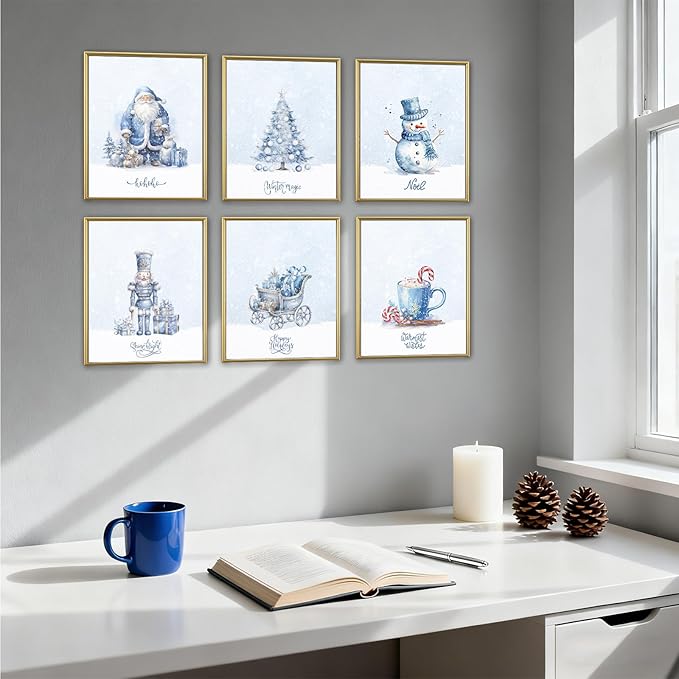 WINDVALE Blue Christmas Wall Art Prints – Nordic Holiday Posters with Santa, Snowman, Nutcracker & Tree – Cozy Winter Farmhouse Decor for Living Room or Fireplace (8x10 Unframed)