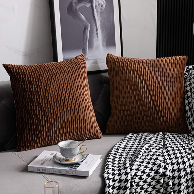 Light Brown Throw Pillow Cases: 2 Pack 22x22 Inch Original Stripe Velvet Square Decorative Pillow Covers for Farmhouse Couch
