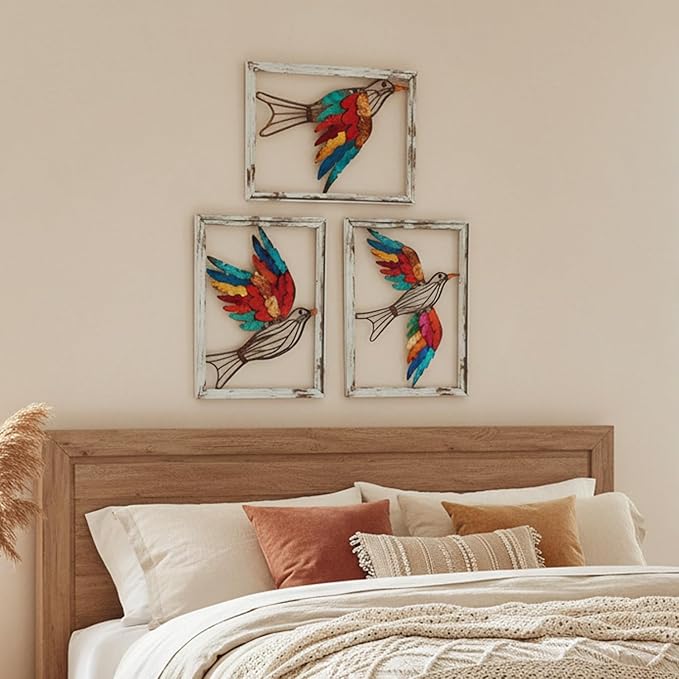 Newinhome Boho Metal Wall Art Birds,Wall Decor Colorful Bird 3 Pieces, Rustic Bird Wall Art,Farmhouse Home Wall Decor for Living Room Bedroom Bathroom house warming gift