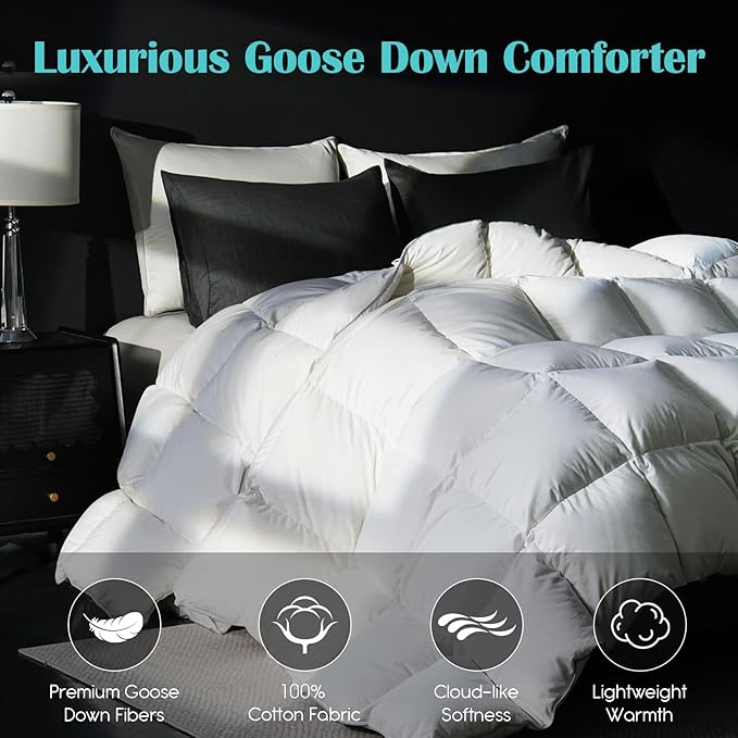 Goose Feather Down Fiber Comforter Twin, 100% Cotton Cover, Ultra Soft Fluffy Twin Duvet Insert, All Season Luxurious Hotel Collection Comforter, White 68"x90"