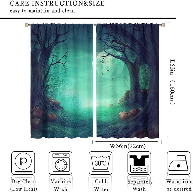 Gothic Mushroom Blackout Window Curtains, Misty Dark Black Forest Moon Halloween Window Drapes, for Living Room Bedroom 36(W)*63(L) 2 Panels