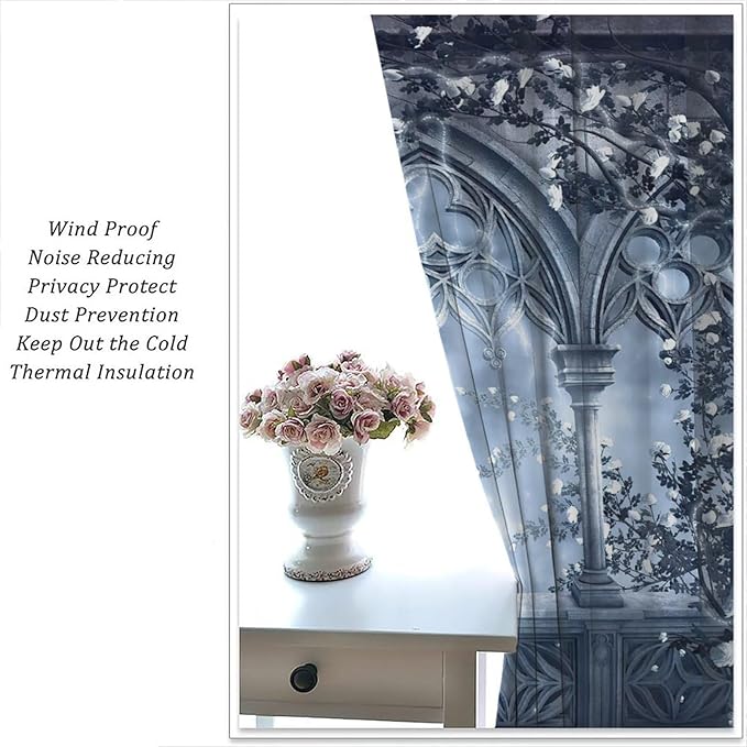 Gothic Mid Century Blackout Curtains, Medieval Castle Vintage Arch Stone White Rose Floral Window Drapes, for Living Room Bedroom 31.5(W)*63(L) 2 Panels