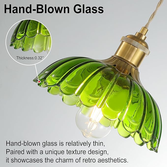 Plug in Pendant Light Fixtures: Hanging Lamp Plug in Green Glass Pendant Lamp, Hanging Light for Kitchen Island, Bedroom, Dining Room, Living Room, E26 No Bulb