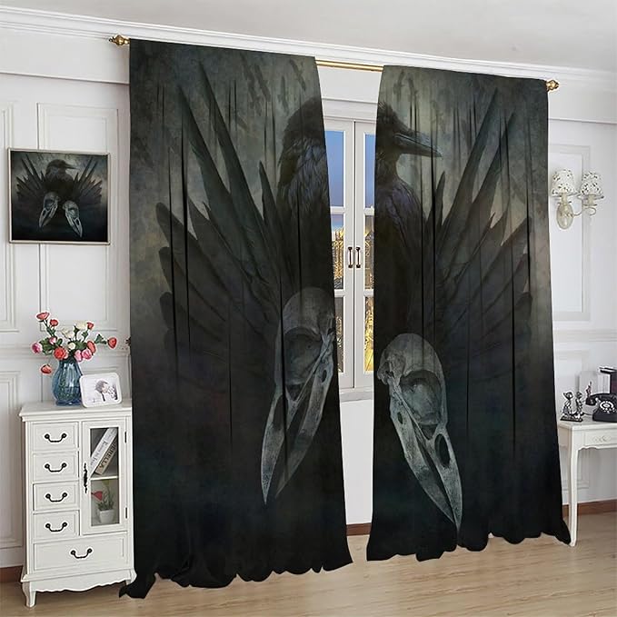 Gothic Blackout Window Curtains, Halloween Black Raven Crow Black Dark Wings Rod Pocket Window Treatments Drapes, for Living Room Bedroom 42(W)*84(L) 2 Panels