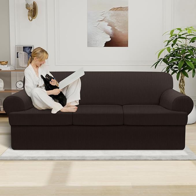 Waterproof Couch Cover 4-Piece Set Striped Sofa Slipcovers for 3 Separate T Cushion Couch - TPU Fabric Sofa Covers Leakproof Couch Protector for Kids, Pets(3 Cushion Sofa, Coffee)