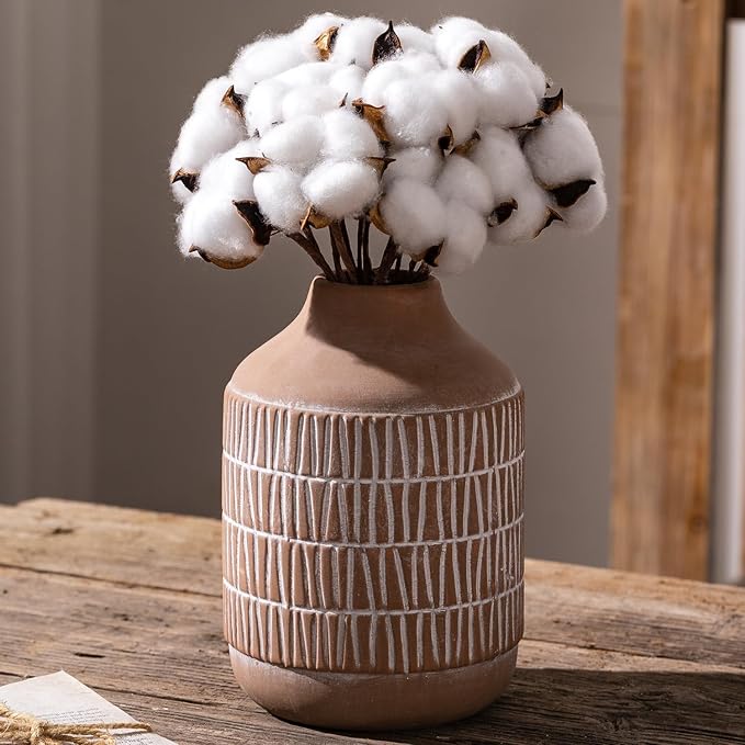 Ceramic Rustic Farmhouse Vase, Boho Pottery Flower vase for Home Decor, Living Room,Entryway, Shelf Decor, Mantel, 7.6 Inch