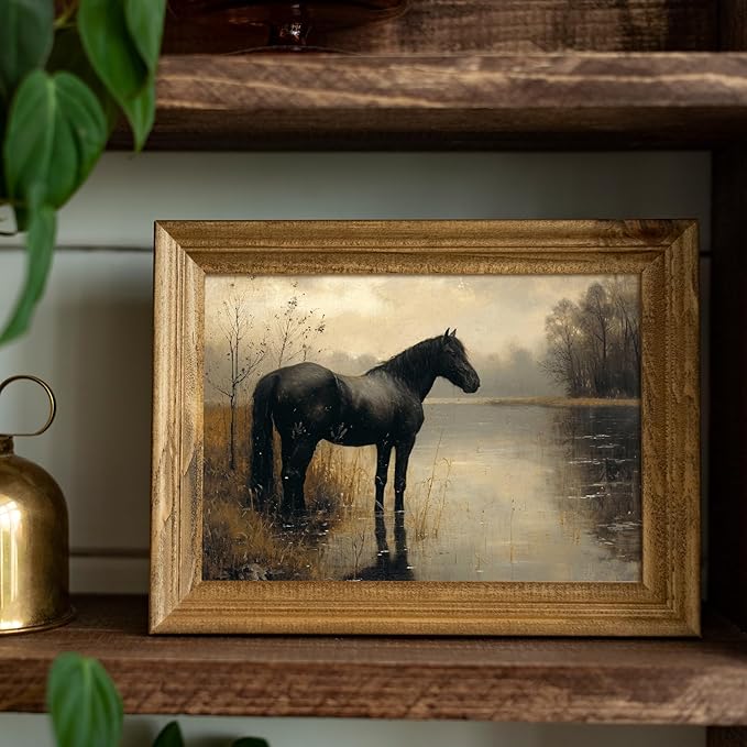 uniro Black Horse Vintage Wall Art Moody Landscape Prints Retro Wall Art Lake Dark Cottagecore Art Foggy Rustic Wall Decor DarkMoodyWallArt