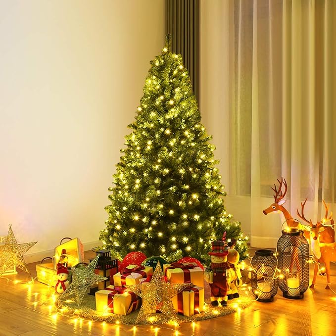 COSTWAY 5 FT Pre-lit Christmas Tree, Artificial Xmas Tree with 150 Warm White & Multicolored Lights, 11 Modes, 600 Branch Tips, Metal Support, Holiday Decoration Fake Tree for Home, Office, Party