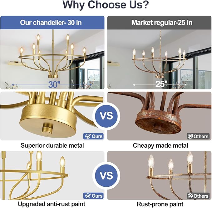 30" Gold Chandelier, 9-Light Modern Farmhouse Chandelier for Dining Room Lighting Fixtures Hanging, Candle Chandelier Light for Living Room, Kitchen Island, Bedroom and Entryway (Bulbs Not Included)