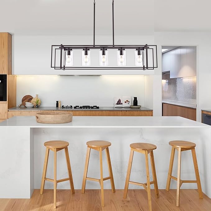 Oil Rubbed Bronze Kitchen Island Light Industrial Adjustable Pendant Lighting Open Rectangular Frame Design, 5-Light Vintage Fixture with Transparent Glass Shades