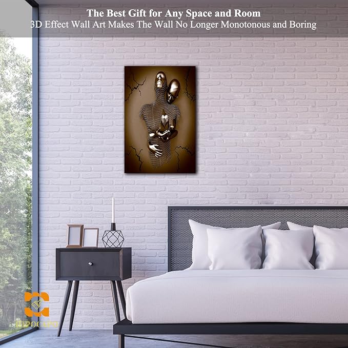 HIPOCAPO 3D Metal Effect Wall Art - Love Heart Canvas Art, Gold Decor for Modern Living Room, Romantic Couple Room Framed 12''x18''x1Pcs 3d Art-17