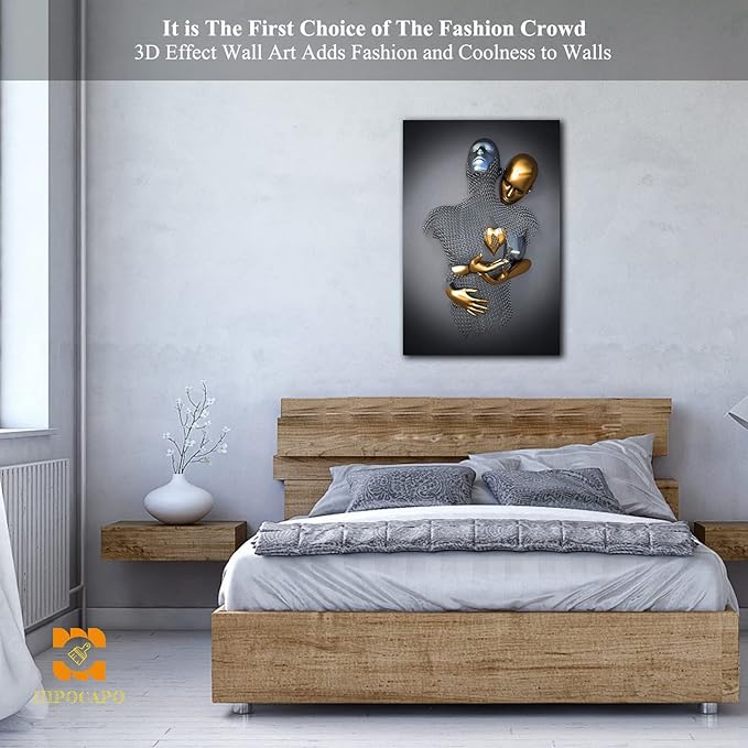 HIPOCAPO 3D Metal Effect Wall Art - Love Heart Canvas Art, Decor for Modern Living Room, Framed Romantic Couple pictures bedroom 18''x24''x1Pcs 3d Art-26