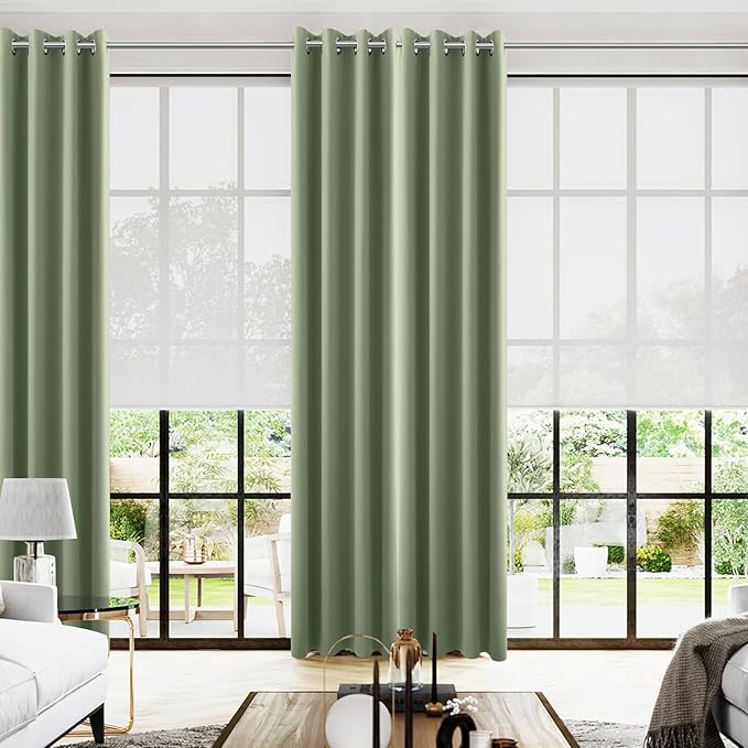 KOUFALL 120 Inch Curtains for Sunroom Large Window,Greyish Grey Green Blackout Grommet Solid Plain Tall Curtains for Living Room
