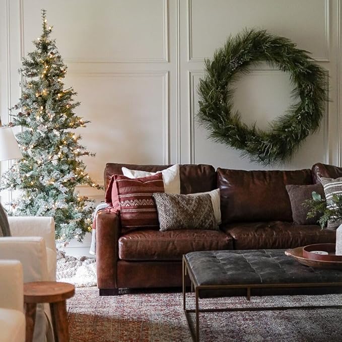 Fraser Hill Farm 9-Ft. Buffalo Fir Green Slim Artificial Christmas Tree with No Lights, Unlit Foldable Fake Tree with Realistic Snowy Foliage and Pinecones for Home Decoration
