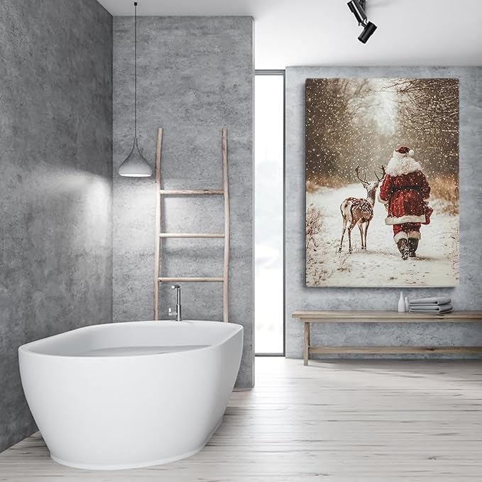 Santa Claus Reindeer Wall Art Print,Forest Snowfall in Winter Print,Christmas Home Decor,Deer Christmas Print