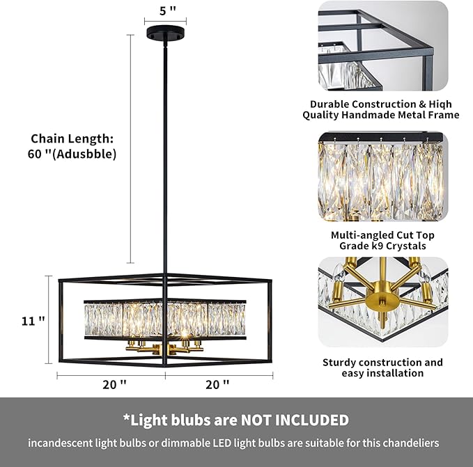 Vezzio Black Crystal Foyer Entryway Chandelier Modern Farmhouse Square 5-Light Chandelier Light Fixture for Dining Room Kitchen Island Entrance Staircases Hallway
