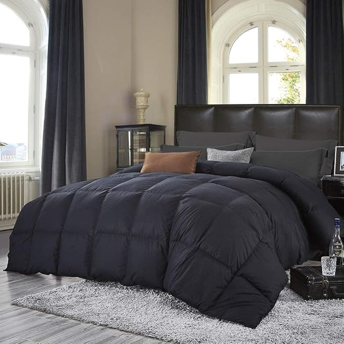 Luxurious Palatial King/Super King Goose Down Comforter, 120 X 90 inches, Unique Black Solid, 600 Thread Count, 100% Egyptian Cotton Cover, 85 Oz Fill Weight, 750 Fill Power
