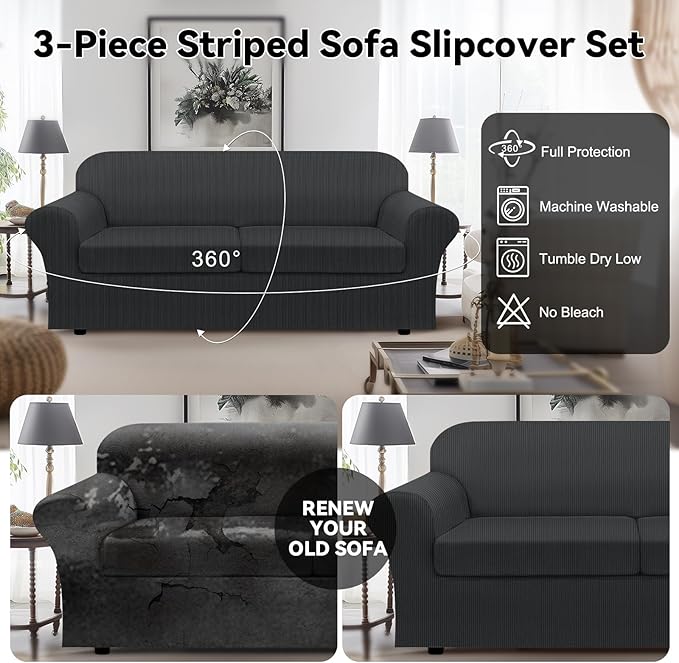100% Waterproof Couch Cover 3-Piece Set Striped Sofa Slipcovers for 2 Cushion Couch Sofa Covers with TPU Leakproof Bottom Stretch Couch Protector Pet Proof - Sofa(2-Cushion), Dark Gray