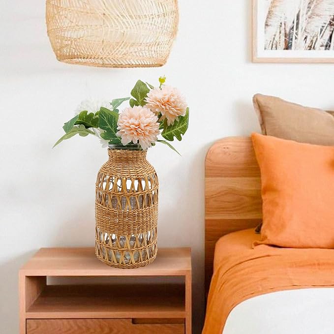 Straw Woven Glass Vase 6.29''x1.77''x3.15''Boho Glass Flower Vase Country Rustic Style Vase Glass Vase for Floral Arrangements Housewarming Party Home Decor (C Style 6.29IN)