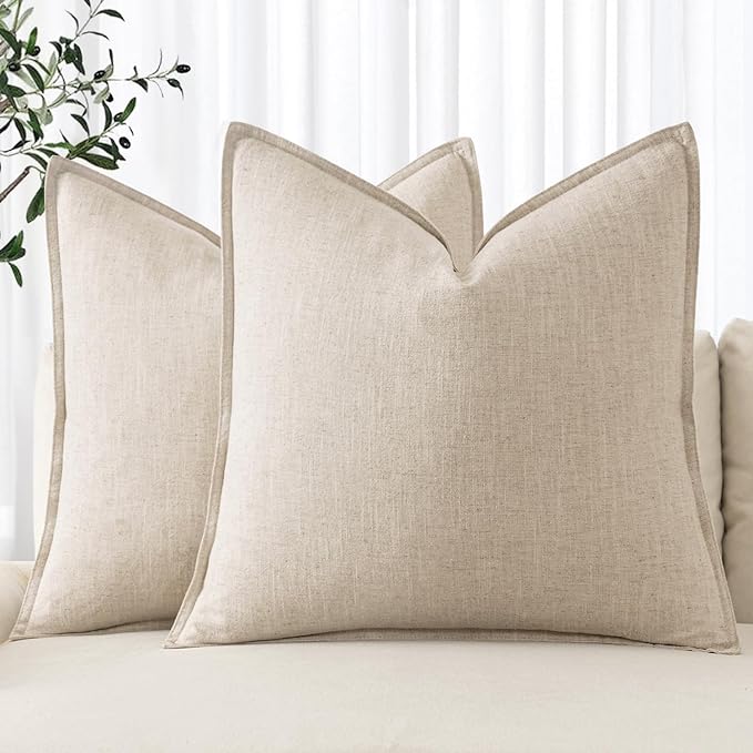 MIULEE Decorative Linen Euro Sham Pillow Covers 24x24 Natural Beige Boho Farmhouse Neutral Christmas Couch Throw Pillows for Bed Pack of 2 Accent Modern Pillowcase Sofa Livingroom Home Decor