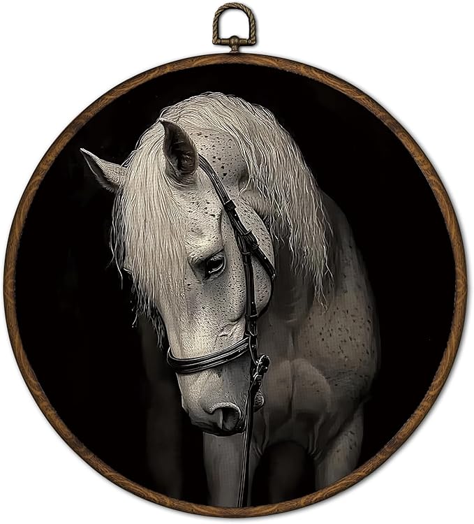 cvjutf Dark Academia White Horse Wall Art Decor Framed, Horse Lover Gifts, Vintage Equestrian Horses Picture Round Wall Room Decor, Farmhouse Cottagecore Canvas Prints Art for Home Living Room,10x10