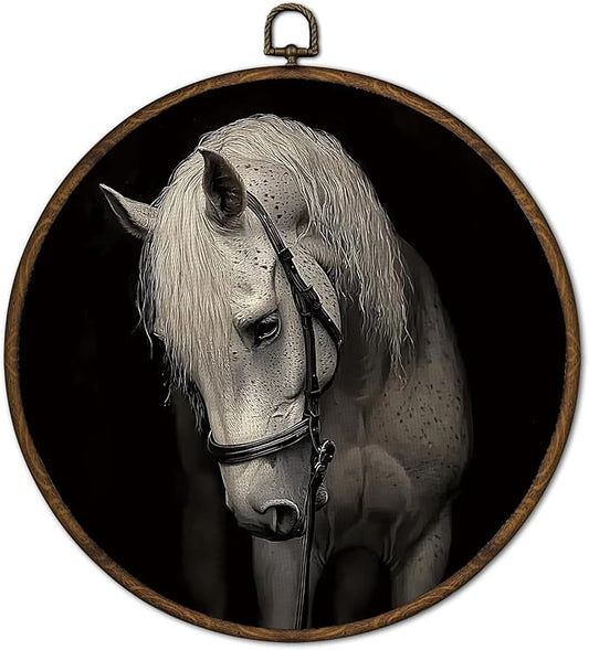 cvjutf Dark Academia White Horse Wall Art Decor Framed, Horse Lover Gifts, Vintage Equestrian Horses Picture Round Wall Room Decor, Farmhouse Cottagecore Canvas Prints Art for Home Living Room,10x10