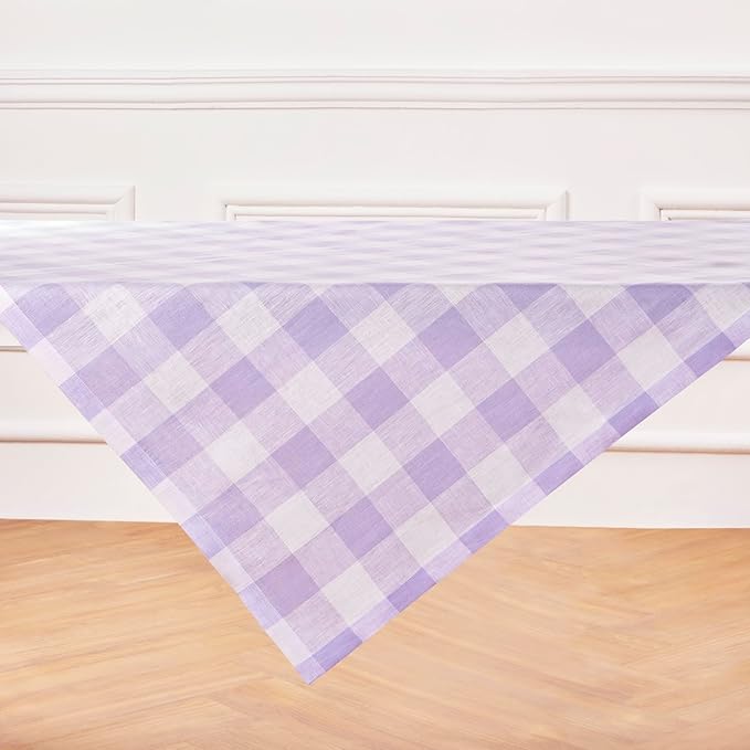 Solino Home Linen Checkered Tablecloth 52 x 52 Inch - 100% Pure Linen Misty Lavender Buffalo Plaid Square Tablecloth - Machine Washable Table Throw