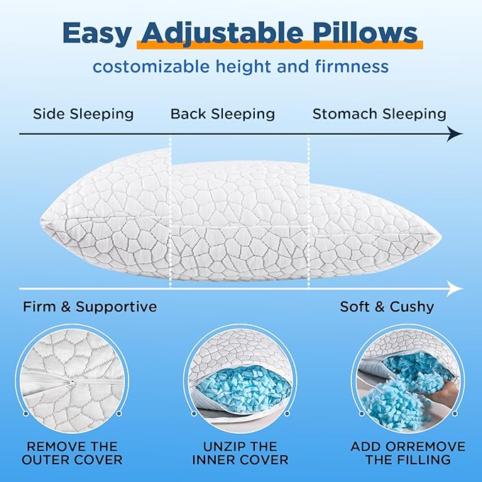 Cooling Pillows King Size Set of 2 Pack Shredded Memory Foam Pillows for Sleeping, Adjustable Cool Bed Pillow for Side Back Stomach Sleepers, Luxury Gel Neck Pillow for Neck and Shoulder Pain Relief