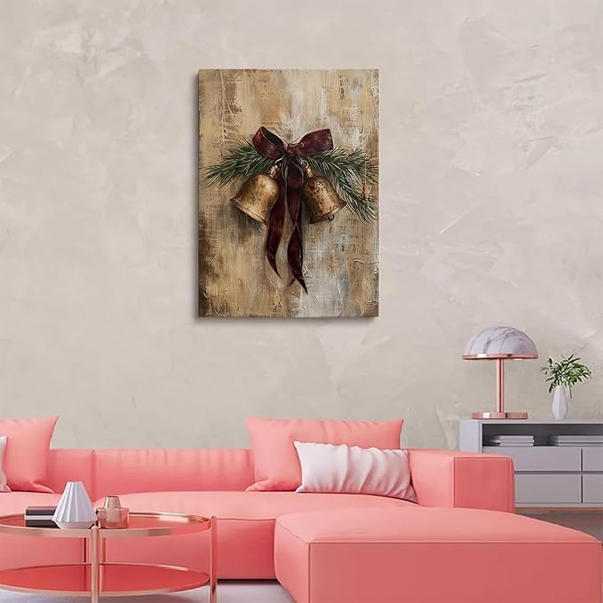 Moody Christmas Wall Art Print,Vintage Holiday Print,Brass Bells Rustic Oil Painting,Country Christmas Antique Winter Wall Decor