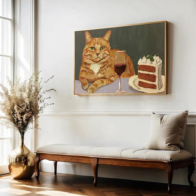 Eeuqiauot Vintage Cat Canvas Wall Art Abstract Cat with Cake Poster Cute Animal Prints Vintage Animal Drink Wine Poster Funny Kitty Pictures Wall Decor 16x24in Unframed