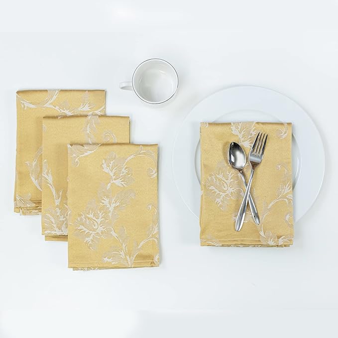 Benson Mills Harmony Scroll Woven Damask Fabric Set of 4 Napkins, Everyday, Parties, Special Occasions, Weddings and Holiday Cloth Napkins (18" x 18" Napkins, Gold)