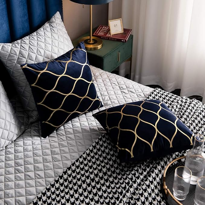 Gold Velvet Throw Pillow Covers Navy: 2 Pack 20x20 Inch Square Decorative Pillow Cases for Bedroom Sofa Couch Living Room
