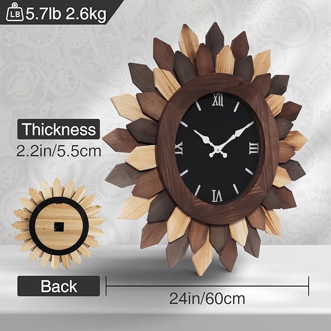 24'' Large Wall Clock for Living Room Deco Boho Decorative Big Oversized Silent Battery Operated Farmhouse Wood Wall Clock for Office Home Dinning Room Bedroom Kithen