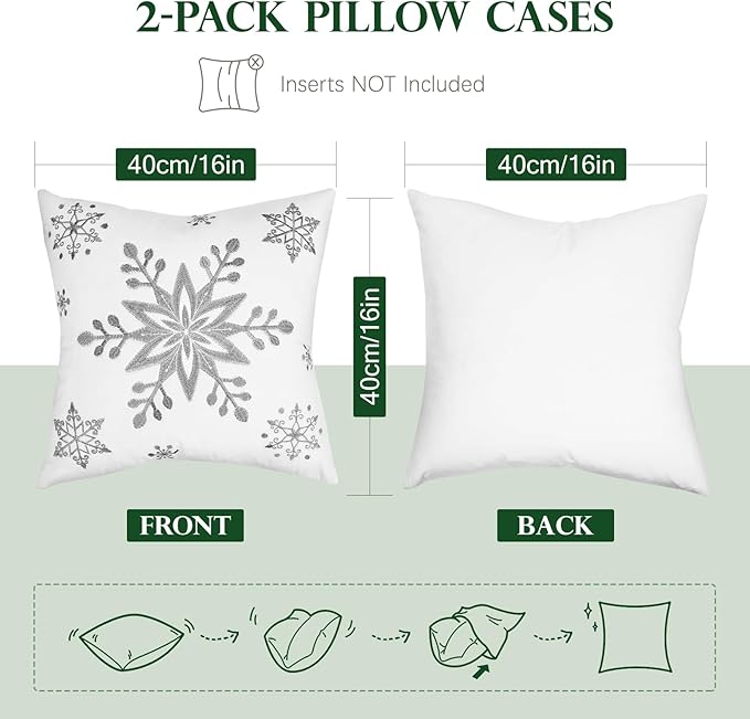 Lewondr Christmas Throw Pillow Covers, 16x16 Inch Snowflake Embroidery Pillow Cases Home Xmas Decorative Holiday Decor Cushion Covers Soft Velvet Pillow Cover for Sofa Bed Chair Set of 2, White