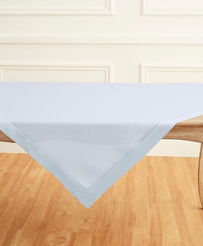 Solino Home Light Blue Linen Tablecloth 52 x 52 Inch - 100% Pure Linen Square Table Throw - Classic Hemstitch, Machine Washable Table Cloth for Winter