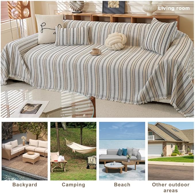 ROOMLIFE Thicked Striped Boho Khaki Couch Cover for 2-3 Cushion Sofa, Chenille Sofa Slipcovers Sectional Sofas Covers for Dog, Non Slip Washable Furniture Protector Soft with Tassel 71''X134''