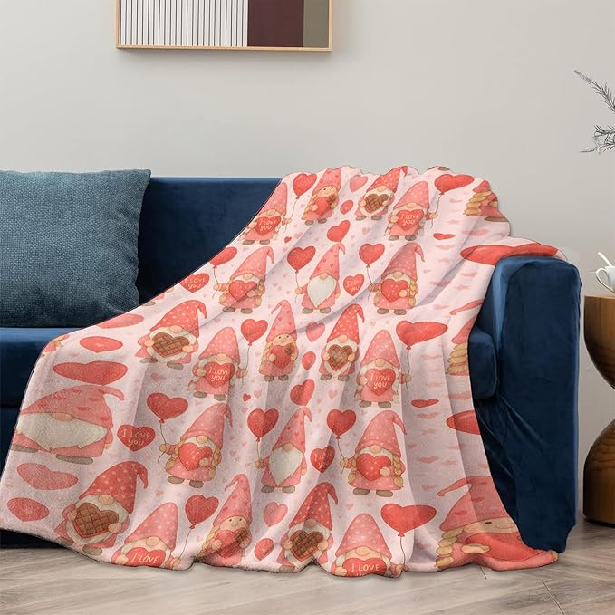 Valentine Gnome Blanket Gifts for Women Girls Kids, Soft Warm Lightweight Flannel Cute Pink Love Heart and Balloon Throw Blankets for Bedroom Living Room Home Sofa Home Camping Decor 50" x 60"
