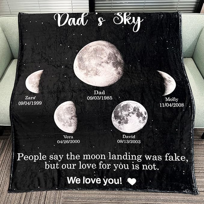 Personalized Moon Phase Blankets Family Name Moon Phase Blanket Custom Papa Night Sky Throw Blanket for Dad Grandpa Christmas Birthday Father's Day