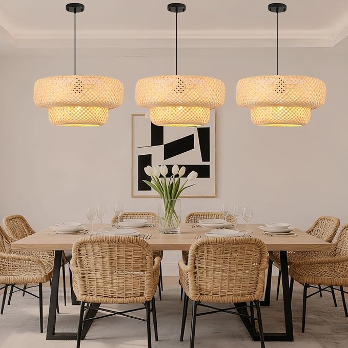 17.8 inch Farmhouse Bamboo Pendant Lighting Handmade Woven Chandelier Beige Bohemian Hanging Light Fixture for Kitchen Island Dining Room Living Room Coffee Restaurant