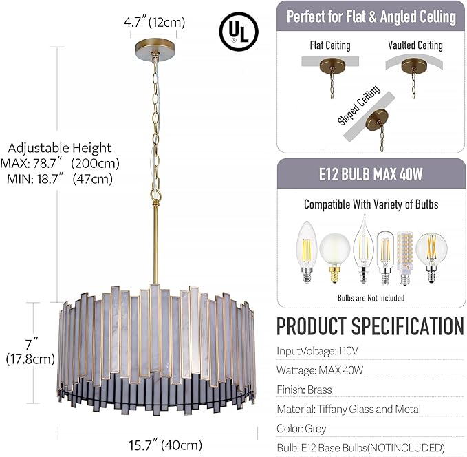 Drum Chandelier 4-Light, Brass Gold Tiffany Pendant Lighting Fixture with Stained Grey Glass Shade, 16” Round Ceiling Hanging Lamp for Bedroom Dining Room Kitchen Entryway Living Room