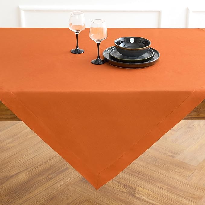 Solino Home Linen Tablecloth 52 x 52 Inch - 100% Pure Linen Persimmon Orange Square Tablecloth - Fete, Machine Washable Table Throw for Fall, Autumn, Thanksgiving