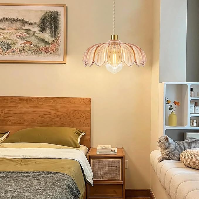 Plug in Pendant Light Hanging Lights with Plug in Cord Mid Century Modern Gold Hanging Lamp Glass Vintage Dimmable Flower Chandelier Ceiling Fixture for Living Room,Kitchen,Boho