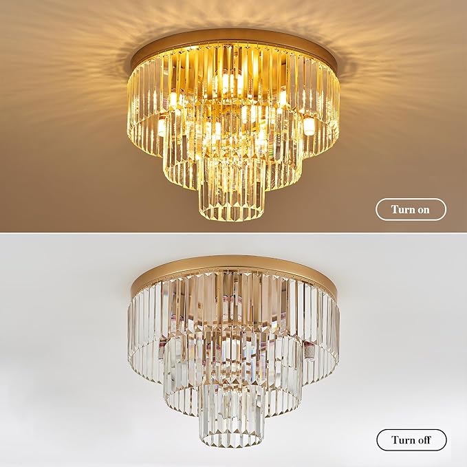 10-Light Gold Crystal Ceiling Light 21.65" Modern Crystal Ceiling Light Fixture 3-Tier Luxury K9 Crystal Flush Mount for Dining Room Kitchen Island Living Room Bedroom Entryway