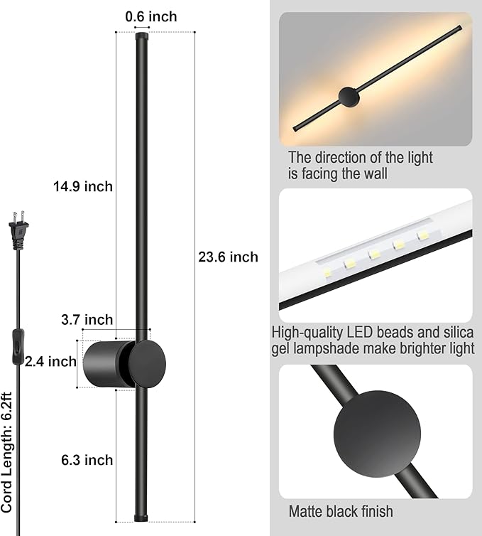 Wall Sconces Set of Two with Remote, Stepless Colors 3000K-6500K & Stepless Dimming, Hardwire or Plug-in, 180° Rotate, LED Black Plug in Wall Sconces with Timer & Night Light, 23.6 Inches