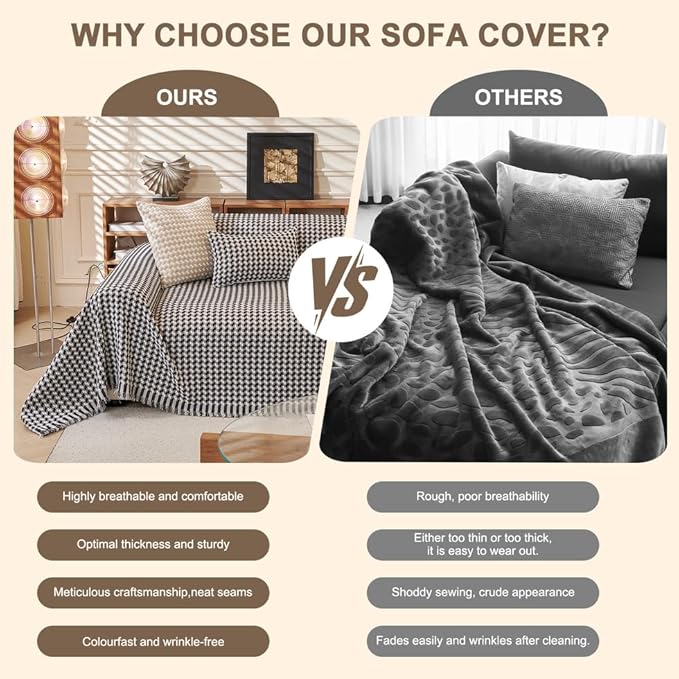ROOMLIFE Thicked Checkered Boho Black Couch Cover for 2-3 Cushion Sofa, Chenille Sofa Slipcovers Sectional Sofas Covers for Dog, Non Slip Washable Furniture Protector Soft with Tassel 71''X118''