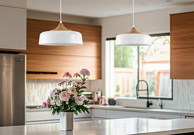 Kira Home Riley 16" Retro Modern Pendant Light + White Metal Shade, Adjustable Hanging Height, Wood Finish Accent
