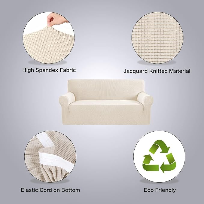 H.VERSAILTEX Stretch Sofa Covers for 3 Cushion Couch Covers Sofa Slipcovers for Living Room Feature Thick Checked Jacquard Fabric with Elastic Bottom, Sofa Large - Natural