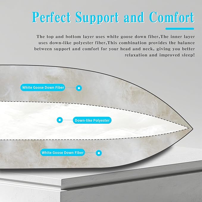 Feather Down Pillow Queen Size Set of 2, 100% Cotton Luxury Hotel Collection Bed Pillows for Sleeping, Down Surrounded Fluffy Soft Medium Firm Pillows for Side Back Stomach Sleepers 20" x 30"