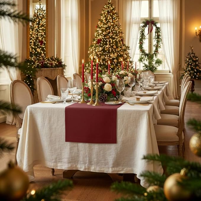 D'Moksha Homes Linen Dark Red Table Runner 120 Inches Long - 100% Pure Linen Dining Table Runner 14 x 120 Inch for Winter, Christmas, Holiday - Machine Washable